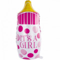 Рожева дитяча пляшечка в горошок для дівчинки. Фольгована куля з гелієм розміром 43х80 см