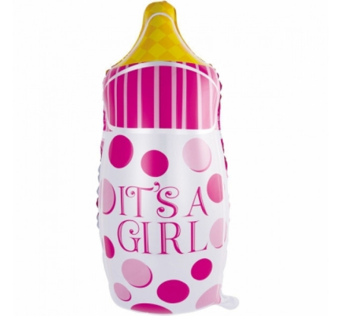 Рожева дитяча пляшечка в горошок для дівчинки. Фольгована куля з гелієм розміром 43х80 см
