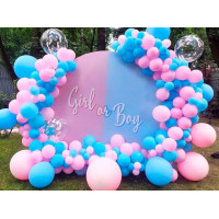 Фотозона для Гендер Паті, кругла основа з написом boy or Girl, з різнокаліберною гірляндою з кульок Фотозона для Гендер Паті, кругла основа з написом boy or Girl, з різнокаліберною гірляндою з кульок