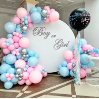 Фотозона для Гендер Паті, кругла з написом boy or Girl, з різнокаліберною гірляндою з кульок і великою кулькою на визначеня статі  Фотозона для Гендер Паті, кругла з написом boy or Girl, з різнокаліберною гірляндою з кульок і великою кулькою на визначеня статі