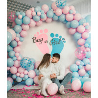 Фотозона для Гендер Паті, кругла основа з написом boy or Girl, з різнокаліберною гірляндою з кульок