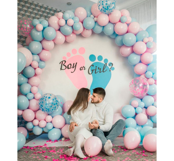 Фотозона для гендер паті - кругла основа з написом Boy or Girl, з різнокаліберною гірляндою з кульок
